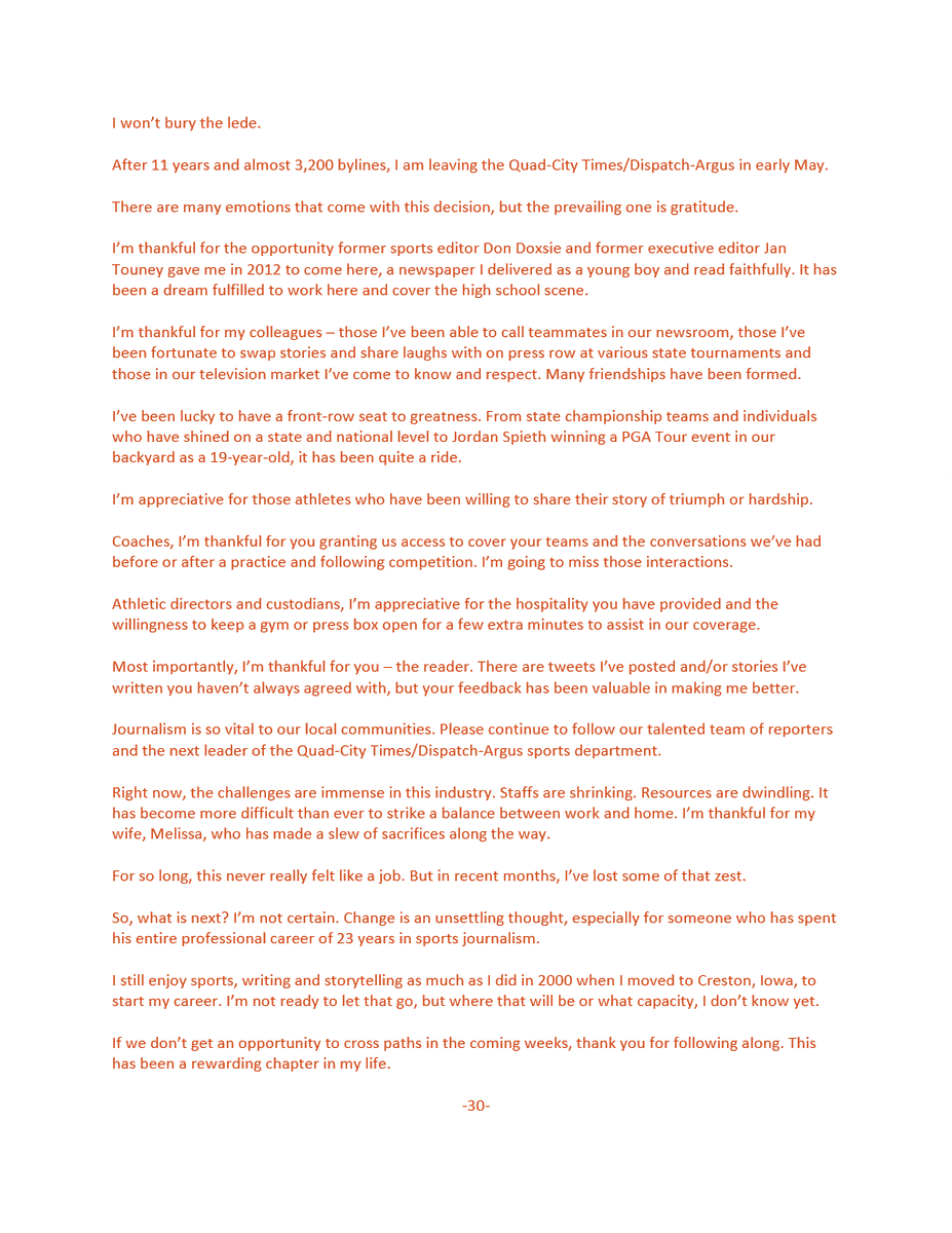 mattcoss78's tweet photo. Some news to share.

After 11 years, I am leaving the Quad-City Times in a couple of weeks.

Thanks to each of you for following along. 
 
More below ... https://t.co/MIvyac5PfP