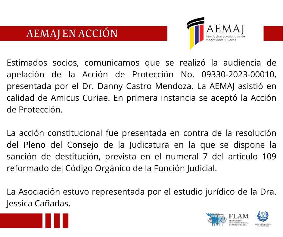 AsoJuecesEc's tweet photo. #AEMAJenAcción Se realizó la audiencia de apelación de la Acción de Protección, presentada por el Dr. Danny Castro. En primera instancia se aceptó la Acción de Protección.  

La #AEMAJ asistió en calidad de Amicus Curiae y estuvo representada por la Dra. @JessicaCanadas https://t.co/WzK8mLCXhA