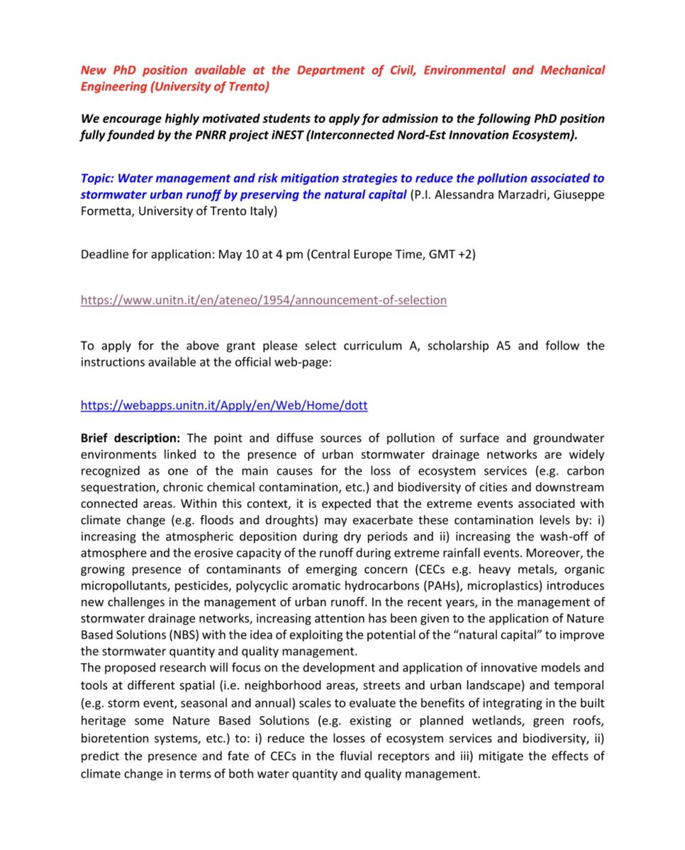 TheFieldWire's tweet photo. #PhD position on "Water management and risk mitigation strategies" at the University of Trento, Italy @UniTrento 

Check the attachment ⬇️ for further details on the position. https://t.co/dLZADgLCZY