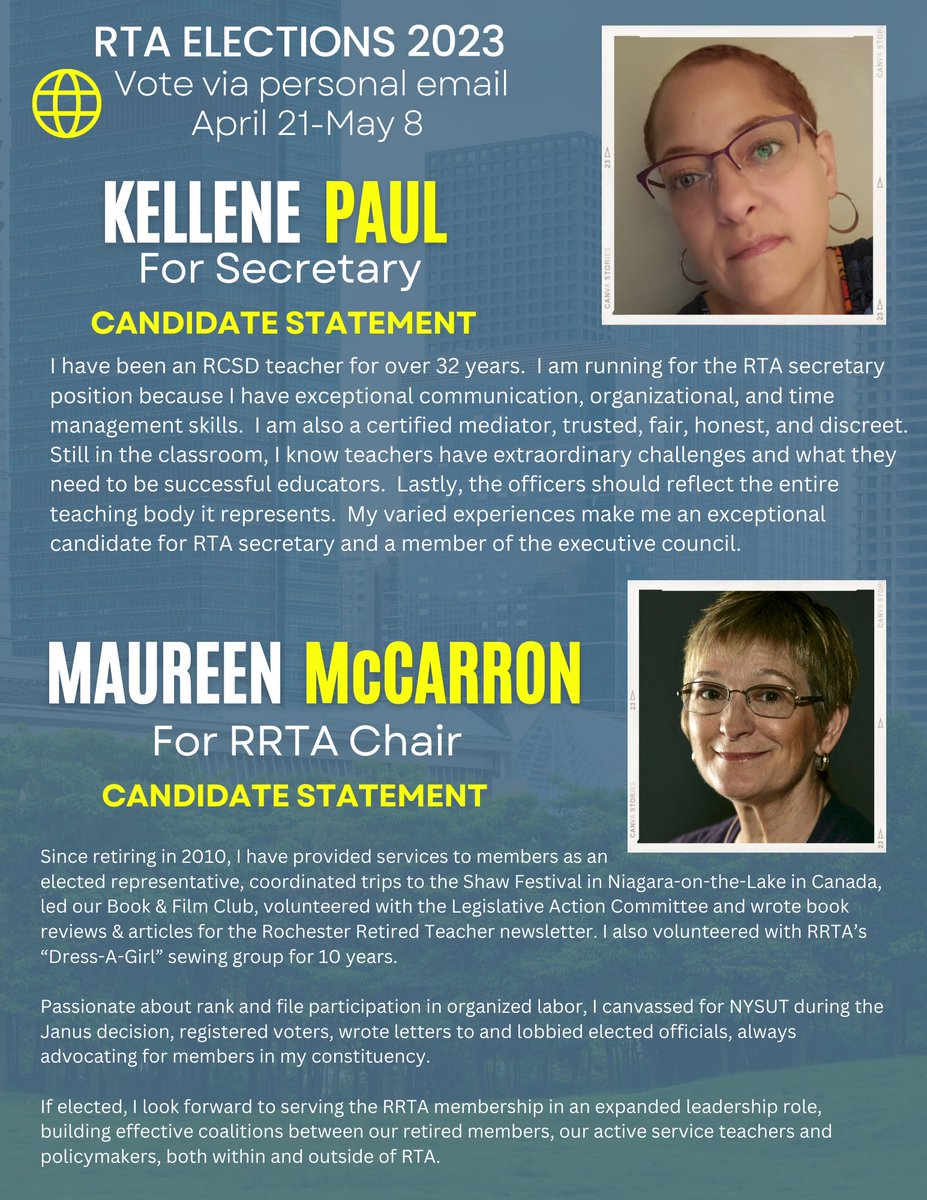 Voting begins Friday! Have you met the candidates yet? Asked them your questions? RTA members reach out to rocteachersinaction@gmail.com for questions or conversation with the candidates. #democracyinaction #democraticunion #timeforchange