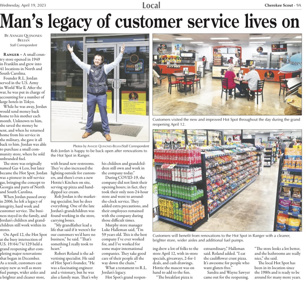 HotSpotStores's tweet photo. Great article in the Cherokee Scout this morning! Thank you to Rob Jordan, #murphync Hot Spot Team, and all of our Hot Spot family who dedicates themselves to this legacy everyday! 🔥

"Without our customers we have no business!" - R.L. Jordan, Founder Hot Spot Convenience Stores #customerservice #fivestars
