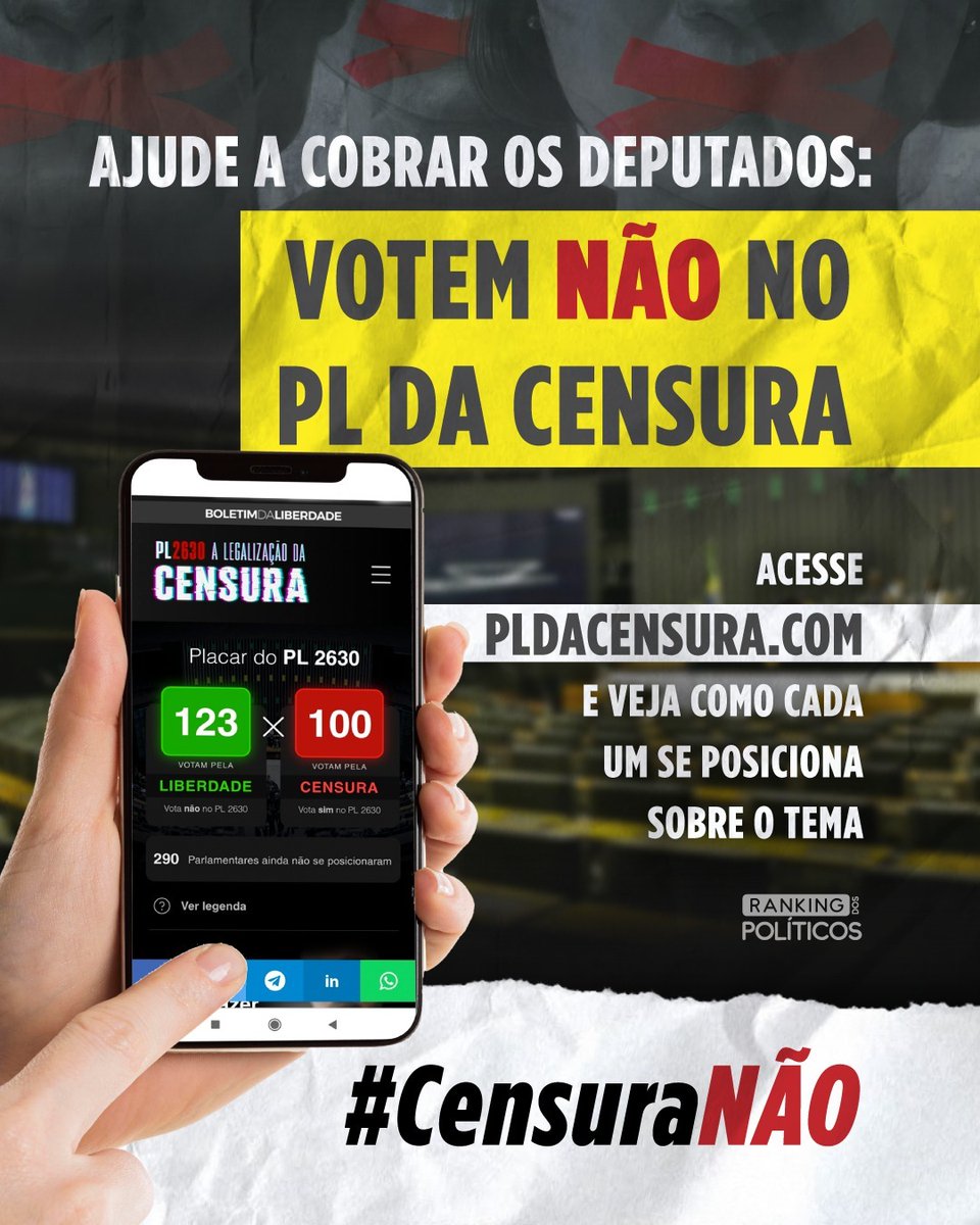 RankPolitico's tweet photo. Acesse https://t.co/6UmGBEUc5u e veja como estão se posicionando os deputados sobre a votação do PL 2630/20. Vamos cobrar eles para que a censura seja BARRADA! #CensuraNAO https://t.co/LhdpoSC7cL