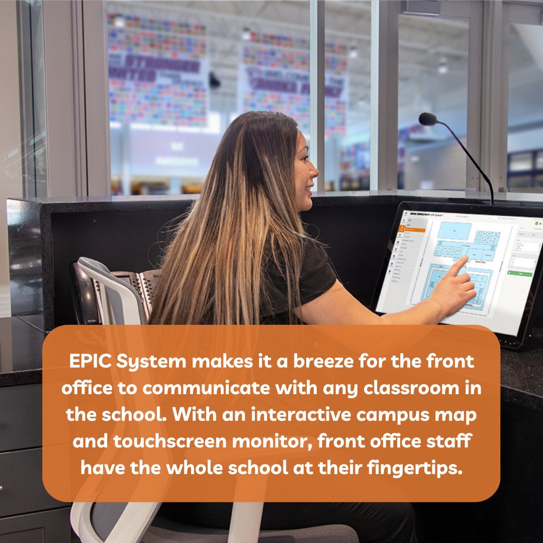 AudioEnhancemnt's tweet image. EPIC System makes it a breeze for the front office to communicate with any classroom in the school. With an interactive campus map and touchscreen monitor, front office staff have the whole school at their fingertips. #epicsystem #audioenhancement