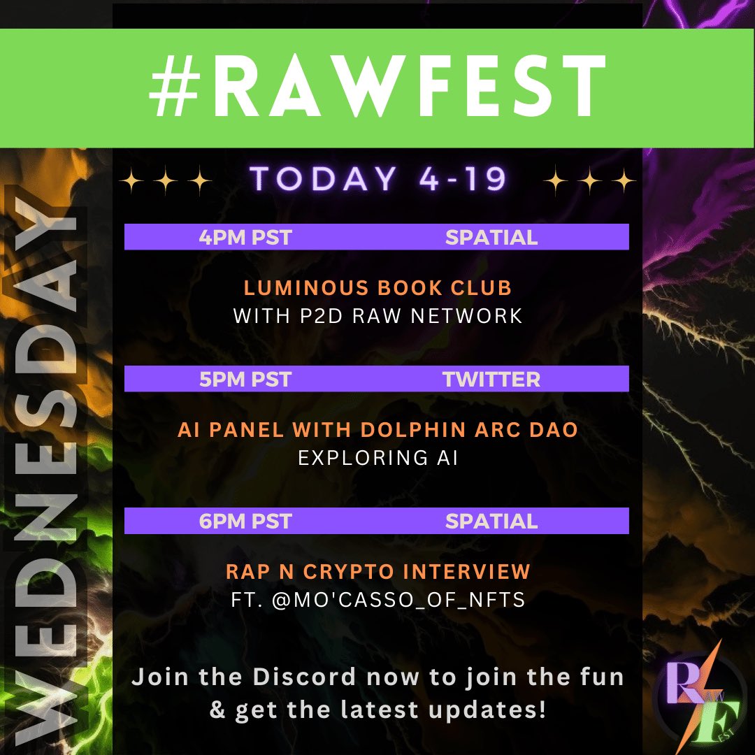 the_RAW_DAO's tweet photo. Hereโs whatโs happening today in the #RAWFest ๐โก๏ธ
Check the thread for links for all dayโฌ๏ธ https://t.co/DGldpZ8lTG