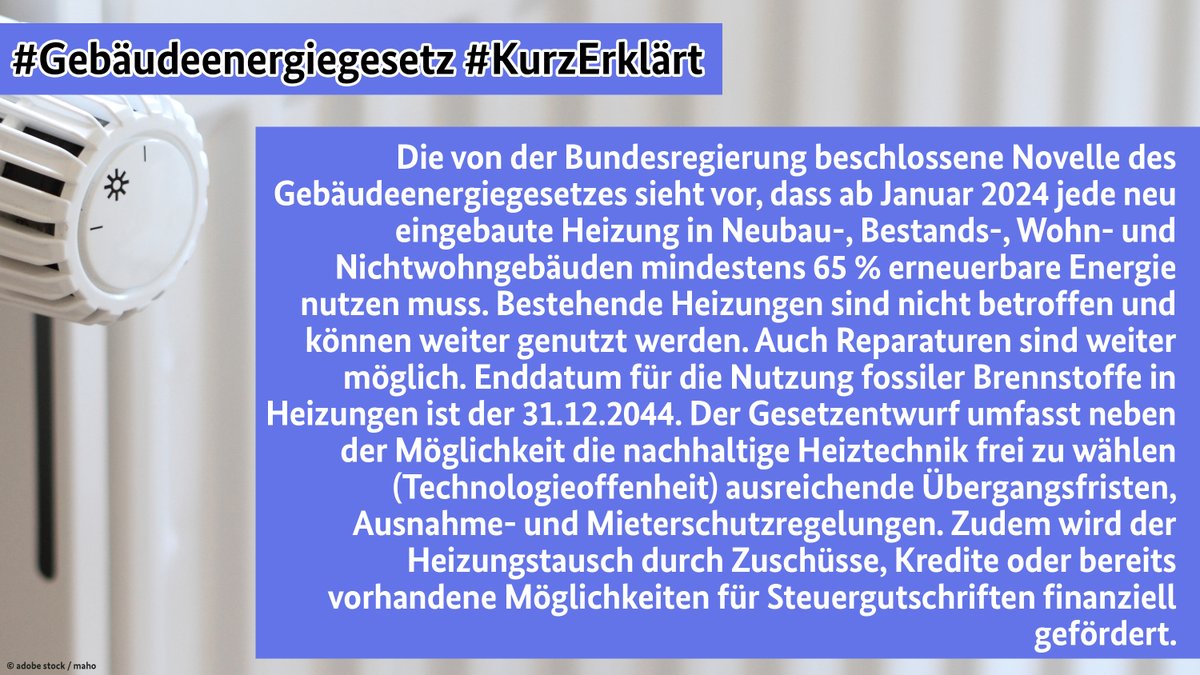 BMWSB_Bund's tweet photo. 🇩🇪 wechselt beim #Heizen von fossil auf erneuerbar! Das Kabinett hat heute die 2. #GEG-Novelle beschlossen. Für eine soziale und planbare #Wärmewende sieht das Gesetz Technologieoffenheit, Härtefall- und Mieterschutzregelungen und breite #Förderung vor. #Infothread 🧵👇1⃣/9⃣ https://t.co/BHXZmmMFj3