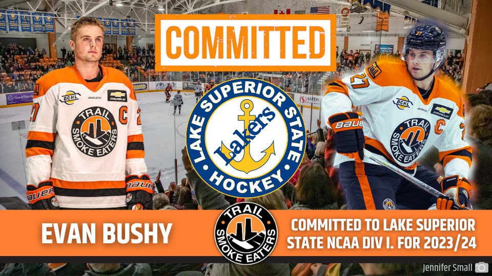 NEWS!

Smoke Eaters captain Evan Bushy has committed to @HockeyLSSU, to play NCAA Div I. hockey next season!

Full details: bit.ly/3GYxVVf

Congratulations Evan! We want to thank Evan for his leadership &amp; commitment to our Team and the City of Trail! #WeAreSmokeEaters