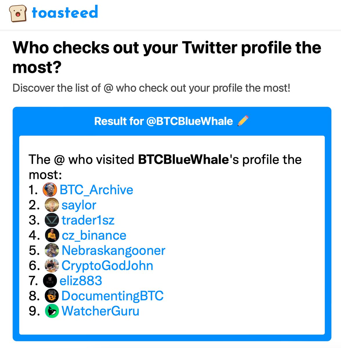 Cmon guys, nobody's following me yet ?) 🥲
<a href="/bitcoinarchive/"></a> 
<a href="/saylor/">Michael Saylor</a> 
<a href="/trader1sz/">TraderSZ</a> 
<a href="/cz_binance/">CZ 🔶 BNB</a> 
<a href="/Nebraskangooner/">Nebraskangooner</a> 
<a href="/CryptoGodJohn/">John</a> 
<a href="/eliz883/">EliZ</a> 
<a href="/DocumentingBTC/">Documenting ₿itcoin 📄</a> 
<a href="/WatcherGuru/">Watcher.Guru</a>