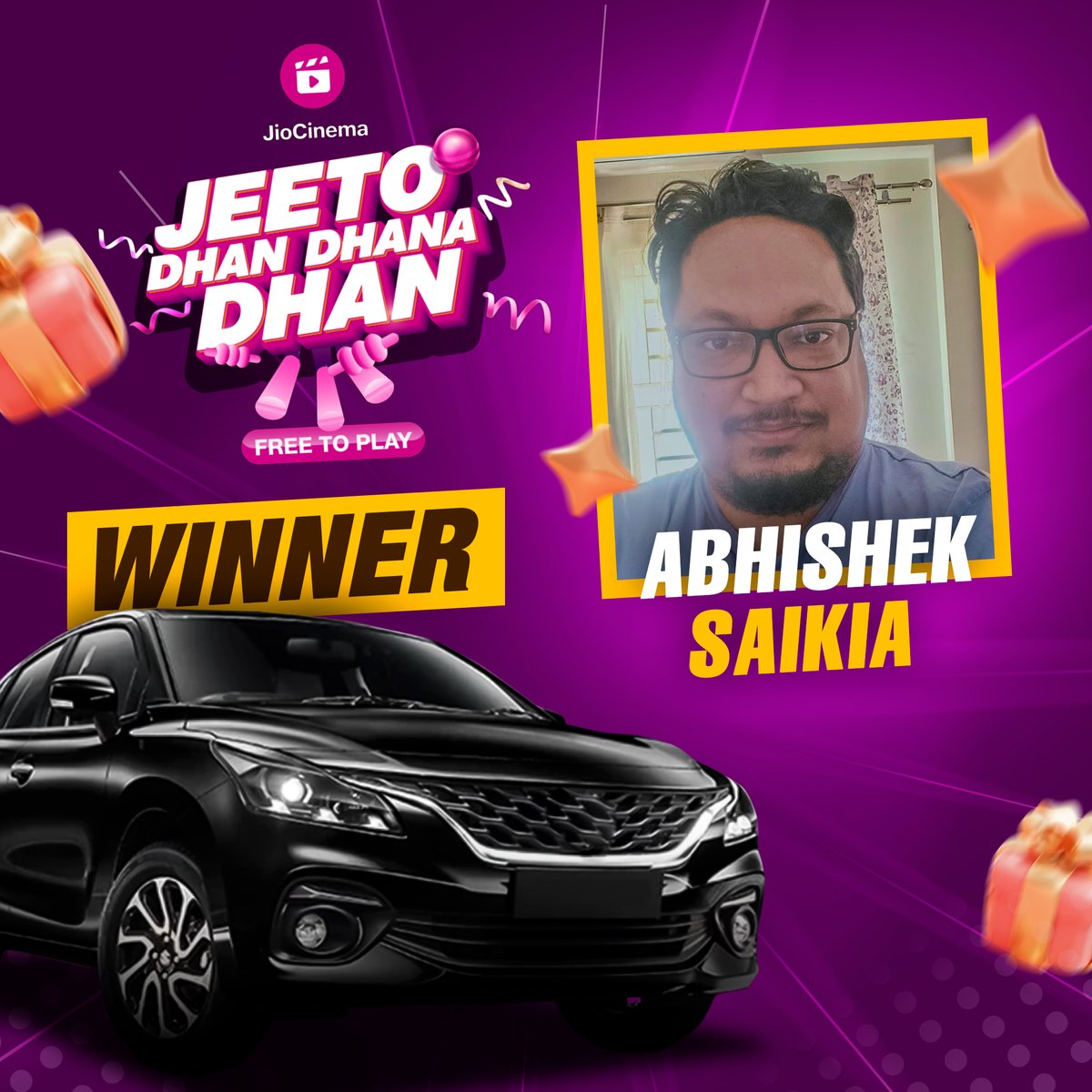 HotstarReality's tweet photo. Abhishek Saikia is the lucky winner of a brand new car in the #JeetoDhanDhanaDhan contest for #SRHvMI👏

Flip your phone to portrait mode at the start of every over. Answer simple questions &amp; stand a chance to win exciting prizes🎁

T&amp;Cs apply, 18+ only

#IPLonJioCinema https://t.co/FjNVfRqhXr