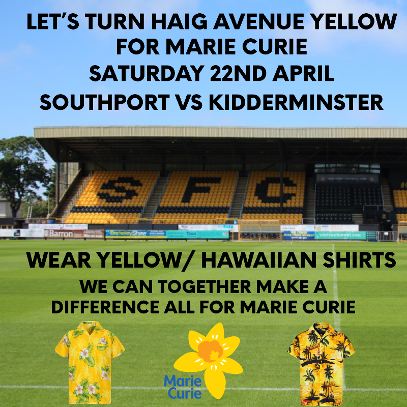 southport_fc's tweet photo. 💛 Let’s turn Haig Ave yellow on Saturday! There will also be a collection for Marie Curie on the day.