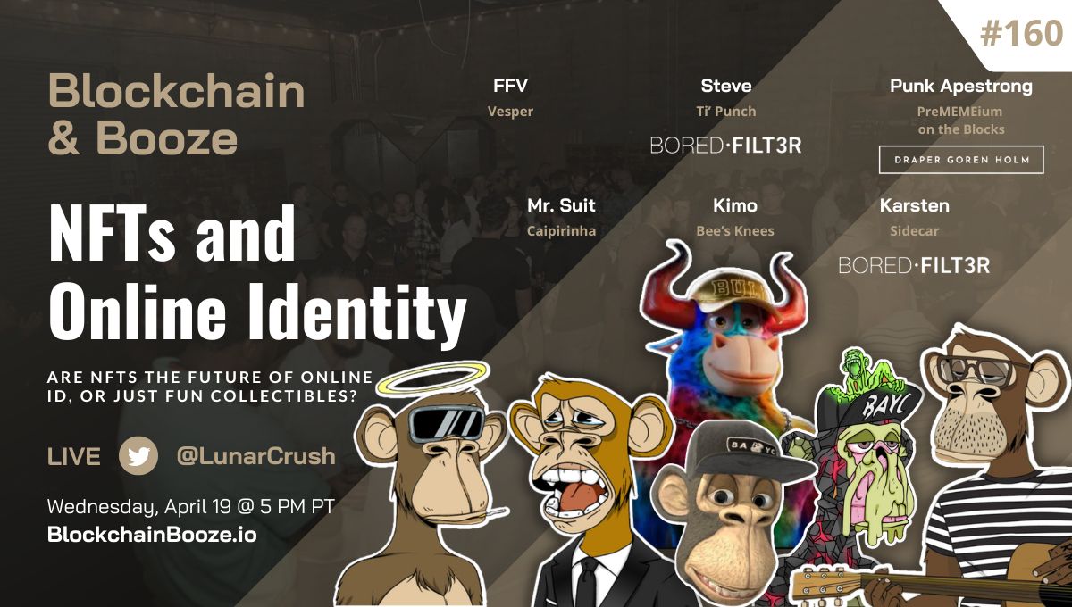 Join us tonight from 5-7 PM PT on @DGHEvents’ #BlockchainBooze🍺 as host @AlonGoren chats with @cryptoinseino, @BoredKimo, @MrMetaMask, @FFVV1211 and @karsten_rl about NFTs and online identity! 🎟 Register free: dgh.events/event/blockcha…