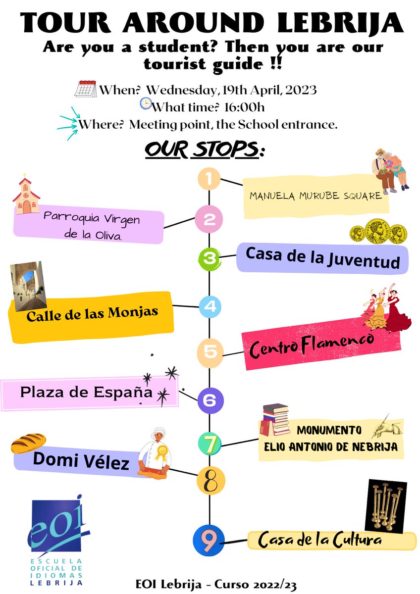 eoilebrija's tweet photo. Fantástica actividad con el alumnado de B1 y B2.2 de inglés haciendo de guías turísticos por Lebrija. No hay mejor manera de conocer la ciudad que saliendo de paseo con nuestro alumnado. Gracias por vuestro entusiasmo y colaboración. Lovely Lebrija !!! https://t.co/WnXcf7bRr6