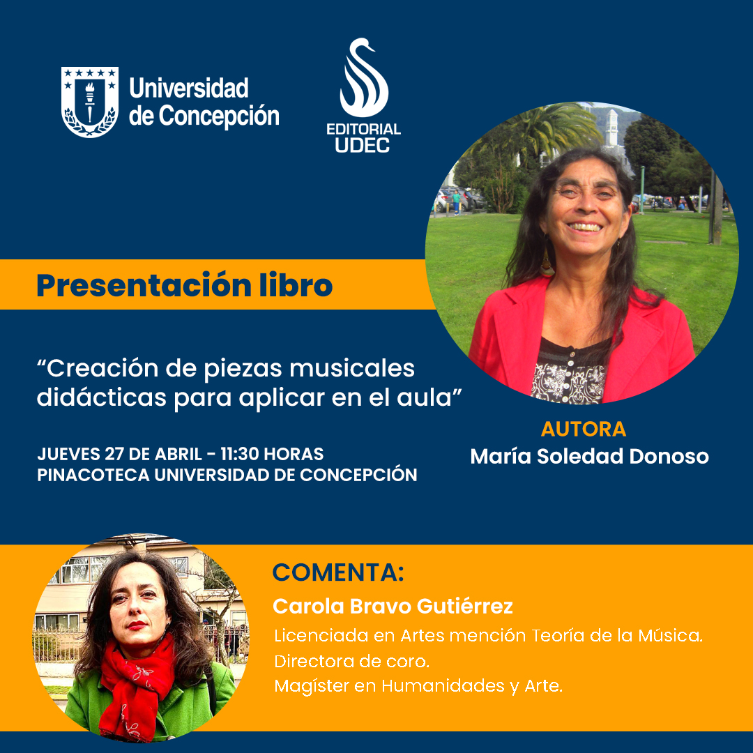 EditorialUdeC's tweet photo. #MesDelLibro
#EditorialUdeC invita a la comunidad a la presentación del libro "Creación de piezas musicales didácticas para aplicar en el aula" de la docente del Departamento de Música #UdeC, María Soledad Donoso.
📍 27 de abril, 11:30 horas, Pinacoteca.
¡Les esperamos! https://t.co/3SmmvjKw55