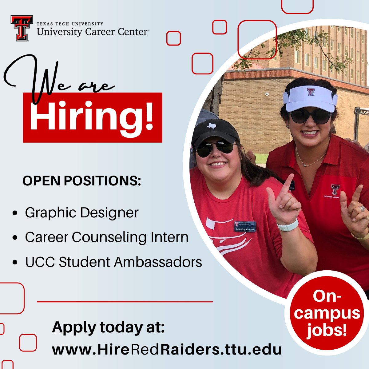 Join the UCC Team! Apply now on #HireRedRaiders for the following positions: Graphic Design Intern, Career Counseling Intern, or as a UCC Student Ambassador! #TTU #TexasTech #RedRaiders #WreckEm