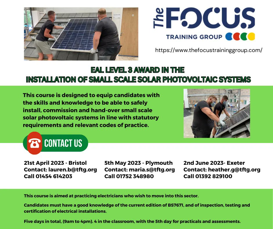 There is still time to book on the:- 
EAL LEVEL 3 AWARD IN THE INSTALLATION OF SMALL SCALE SOLAR PHOTOVOLTAIC SYSTEMS happening in Bristol on Friday 21/04/2023 contact heather.g@tftg.org
buff.ly/3U0lvkJ

#solarPV #EVC #electricans #electricianlife #electricaltraining