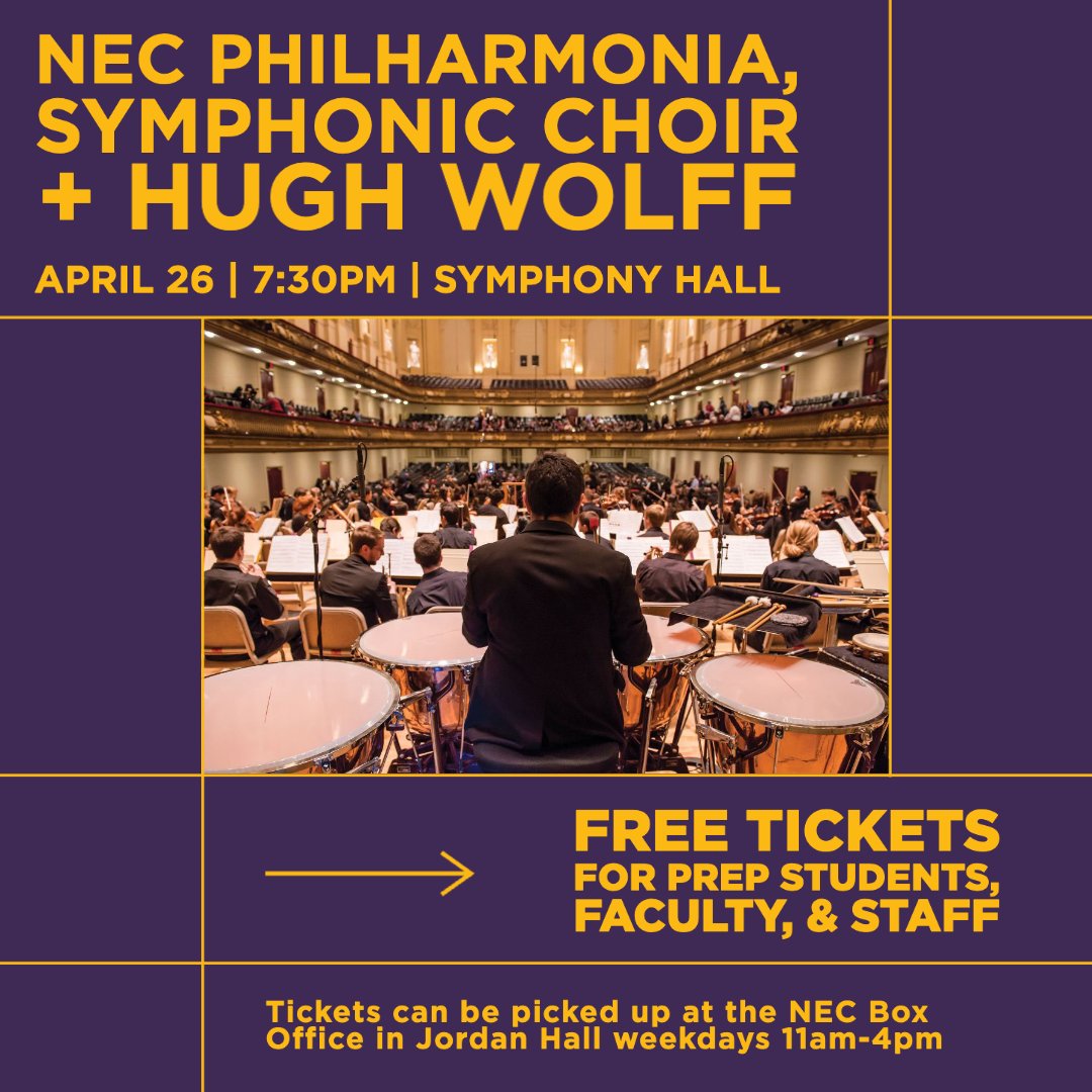 New England Conservatory is back in Boston's Symphony Hall! Join us for an unforgettable evening with <a href="/necmusic/">New England Conservatory</a> Philharmonia &amp; Symphonic Choir with Hugh Wolff. The best part? It's free for NEC Prep students, faculty &amp; staff!

Learn more bit.ly/3mEz51i