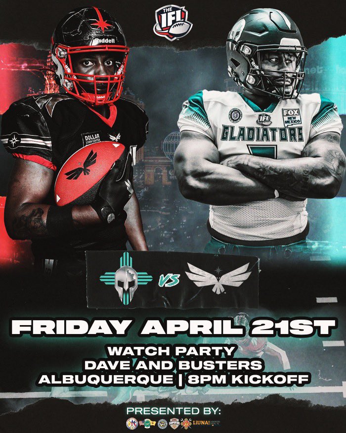 We’re away again this week vs the Las Vegas KnightHawks! Join us at Dave &amp; Busters for food all food &amp; fun this Friday at 8pm! 🔥🔥
.
.
.
.
#CommunityChampions #DCGladiators #505 #nmtrue #albuquerque #nm #ifl #newmexico #arenafootball #indoorfootball #dukecity #gladiators