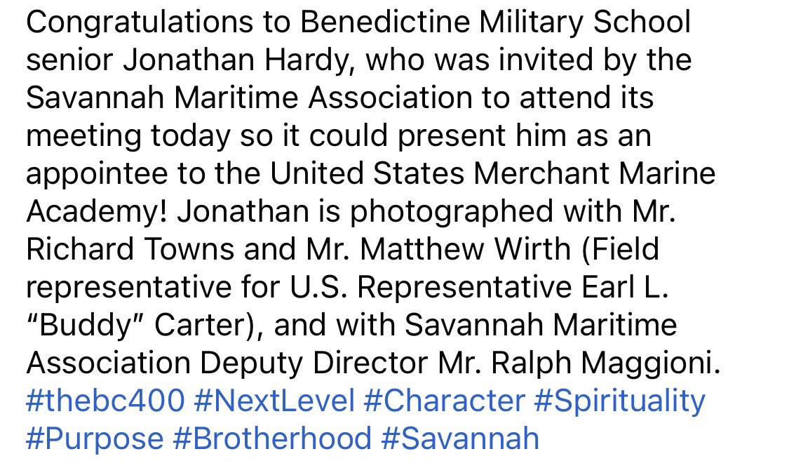 TheBC400's tweet photo. Congratulations to Benedictine Military School senior Jonathan Hardy, who was invited by the Savannah Maritime Association to attend its meeting today so it could present him as an appointee to the United States Merchant Marine Academy! #thebc400 #NextLevelBC #Savannah https://t.co/Gs6BQXl0bo