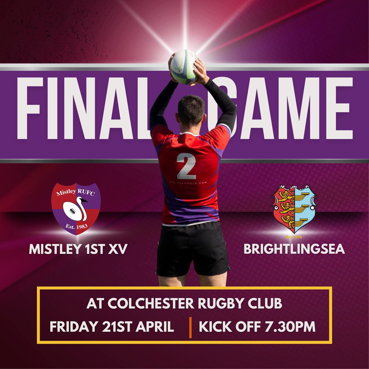 MistleyRUFC's tweet image. ❗️FINAL ❗️Mistley 1st XV play @brightlingsea_rugby in their Cup Final this Friday 21st April. Kindly hosted by @colchesterrfc , kick off will be at 7.30pm. This is a huge game for all involved so please come along and show massive support 👏🏻🍺🏉 let’s bring the cup home!!