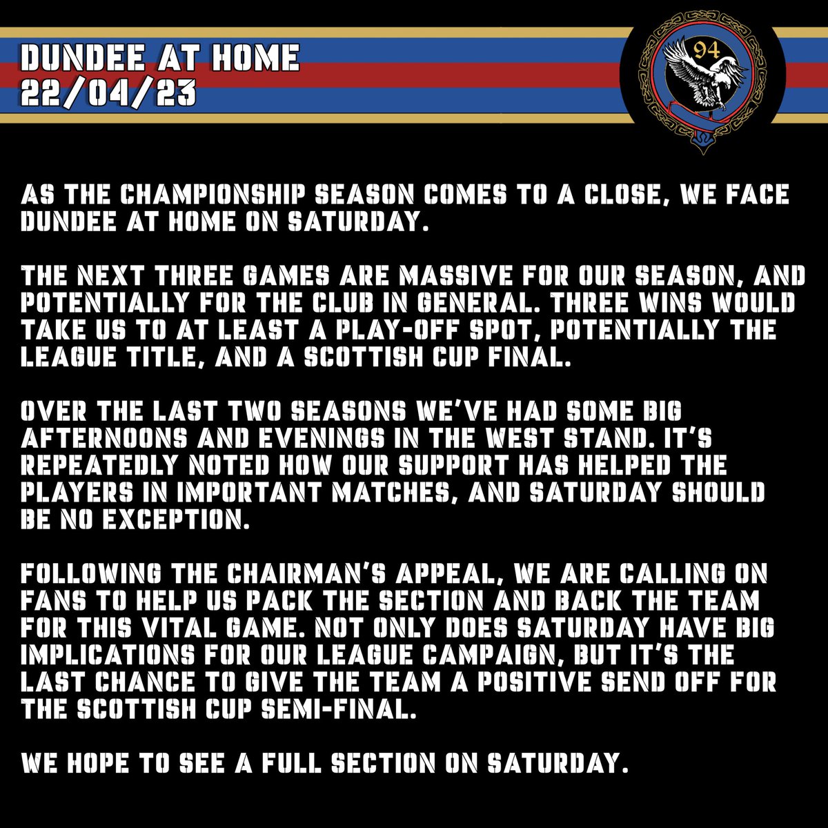 News for Saturday's massive game #ICTFC #S94
