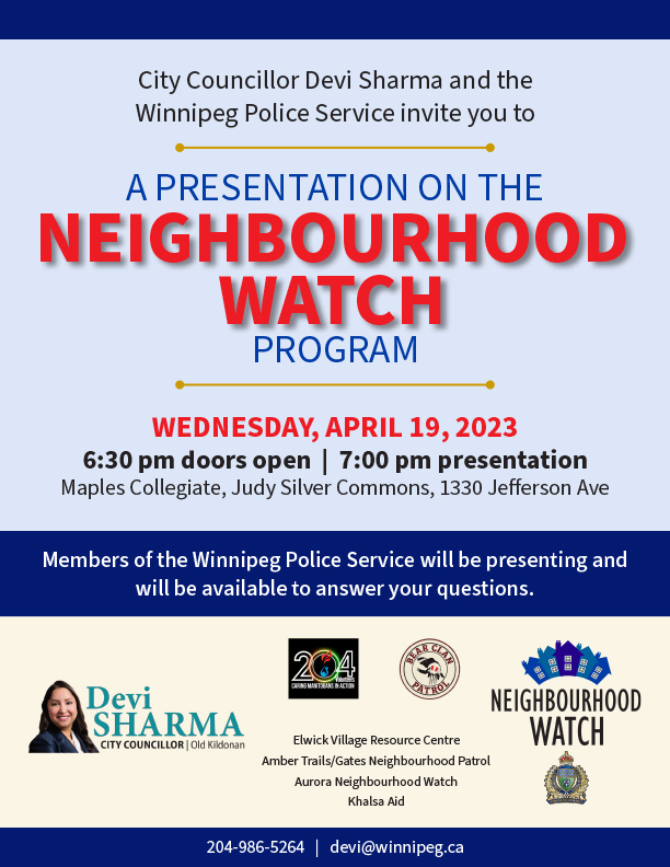 Winnipeg Police (@wpgpolice) on Twitter photo We're re-launching the Neighbourhood Watch Program, designed to reduce crime by fostering partnerships between law enforcement and the community. Tonight, <a href="/DeviSharmaWpg/">Devi Sharma</a> will host a community presentation on the program at Maples Collegiate. Join us.
winnipeg.ca/news/2023-04-1… We're re-launching the Neighbourhood Watch Program, designed to reduce crime by fostering partnerships between law enforcement and the community. Tonight, <a href="/DeviSharmaWpg/">Devi Sharma</a> will host a community presentation on the program at Maples Collegiate. Join us.
winnipeg.ca/news/2023-04-1…