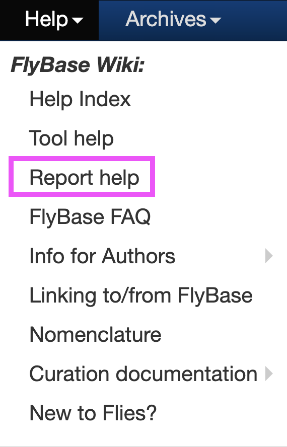 FlyBaseDotOrg's tweet photo. Every FlyBase report type has extensive documentation about that report type, available in the FlyBase Wiki, which you can access via the Help menu in the top toolbar, or from the navigation panel on a report page. #FlyBaseHelpResources https://t.co/YLXpdRuo8U