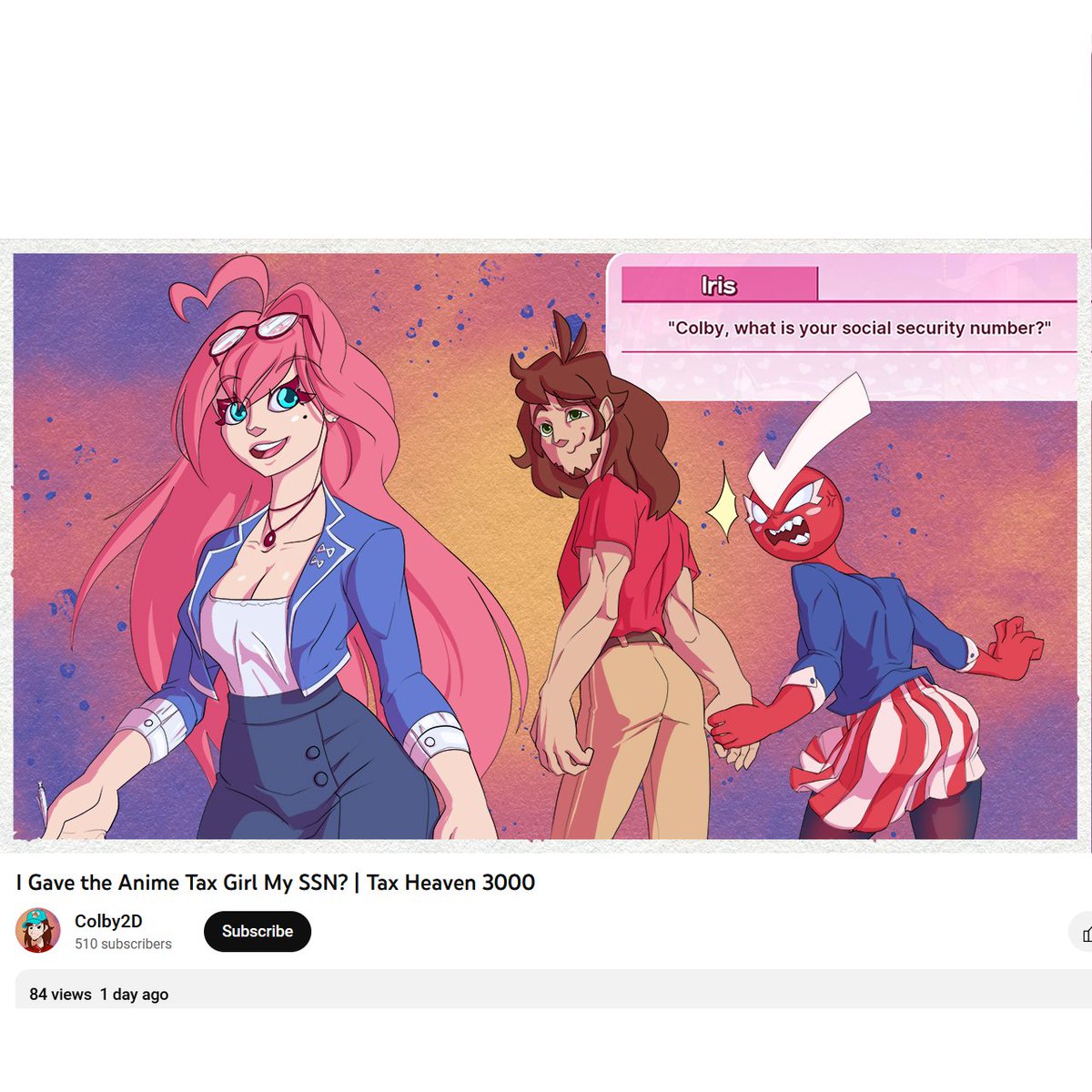 Colby2D's tweet photo. I played that banned anime tax game that asks you for your social security and W2 and stuff. Link to the video is in the comments, check it out if you want to see what the game is actually like. Amazing thumbnail by @Yinigma13 #taxheaven3000 #th3k #mschf https://t.co/RJamEkXSWU