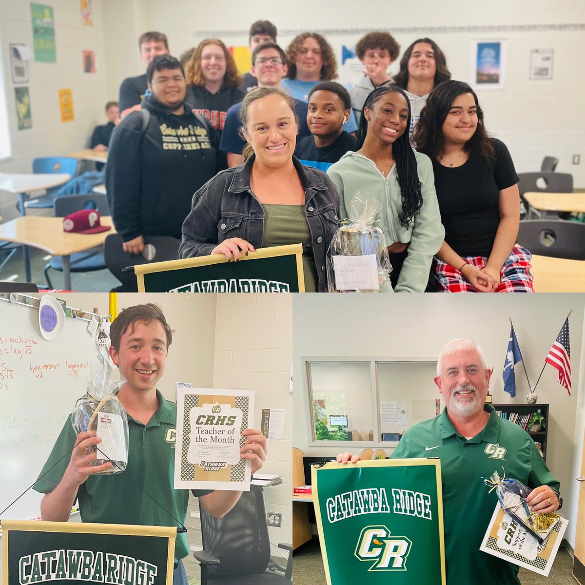 CatawbaRidge's tweet photo. Congratulations to our April Teachers of the Month (TOMS), Mrs. Minto (Social Studies) &amp; Mr. Osmulski (Math) &amp; Suport Staff of the Month, Coach McClain.  Thank you to the Benjaminsen &amp; Stayduhar Families &amp; Debbie Houser for sponsoring gift cards! BeTheWhy @WilsondCRONE https://t.co/H88TGp4pEq