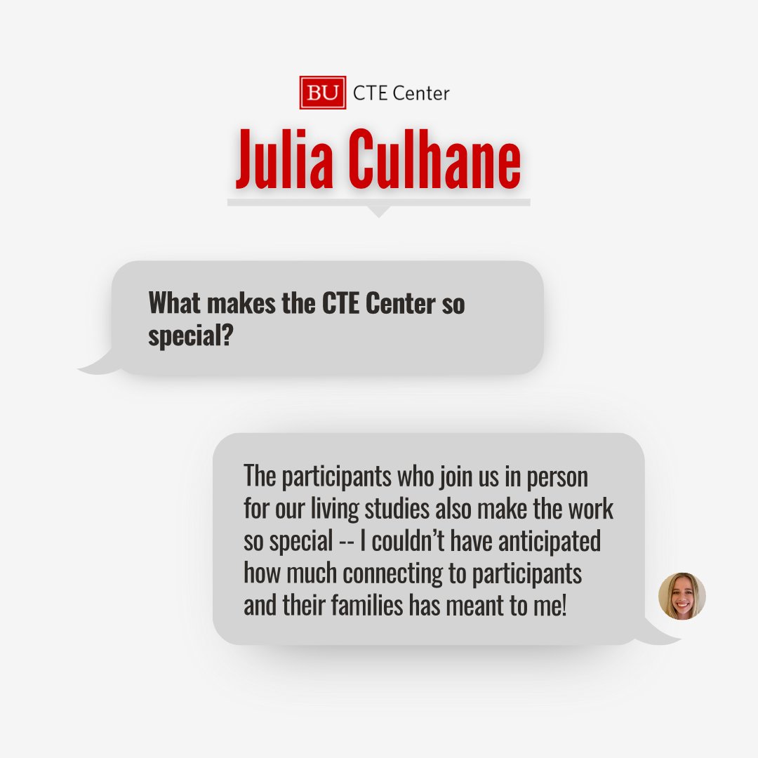 Boston University CTE Center (@bu_cte) on Twitter photo To acknowledge 15 years of CTE research at Boston University, we interviewed one of our research assistants, Julia Culhane (<a href="/julia_culhane/">Julia Culhane</a>).
Learn more about Julia's time at the CTE Center.
#BUCTE #15YearAnniversary #StaffSpotlight To acknowledge 15 years of CTE research at Boston University, we interviewed one of our research assistants, Julia Culhane (<a href="/julia_culhane/">Julia Culhane</a>).
Learn more about Julia's time at the CTE Center.
#BUCTE #15YearAnniversary #StaffSpotlight