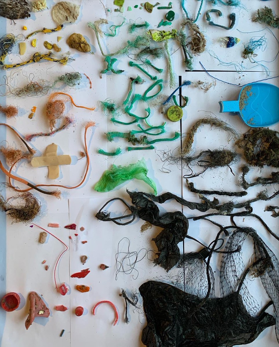 Litter collected in a short time from a North Devon beach. > 400 items collected and removed from the environment. Rope and plastic fragments dominate. Also sanitary items (what look like cotton buds, panty, wipes, and face cotton pads).