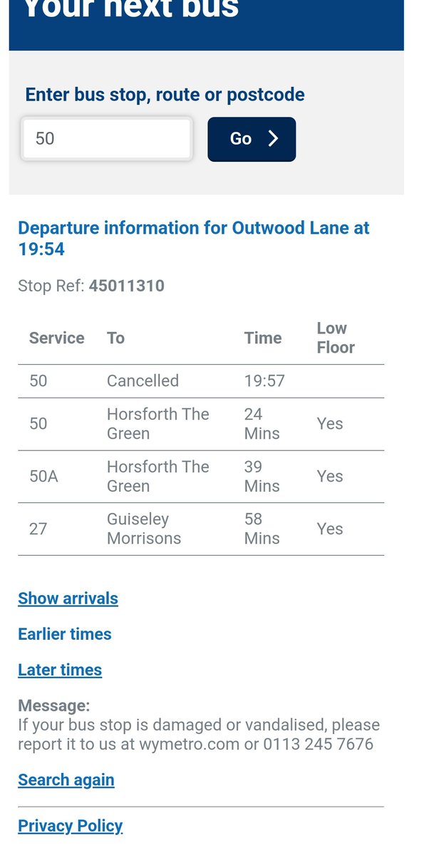 SallyWarr1's tweet photo. @FirstWestYorks how the heck are people supposed to get home when all three information sources give contradictory information? https://t.co/ay84sQTO7R