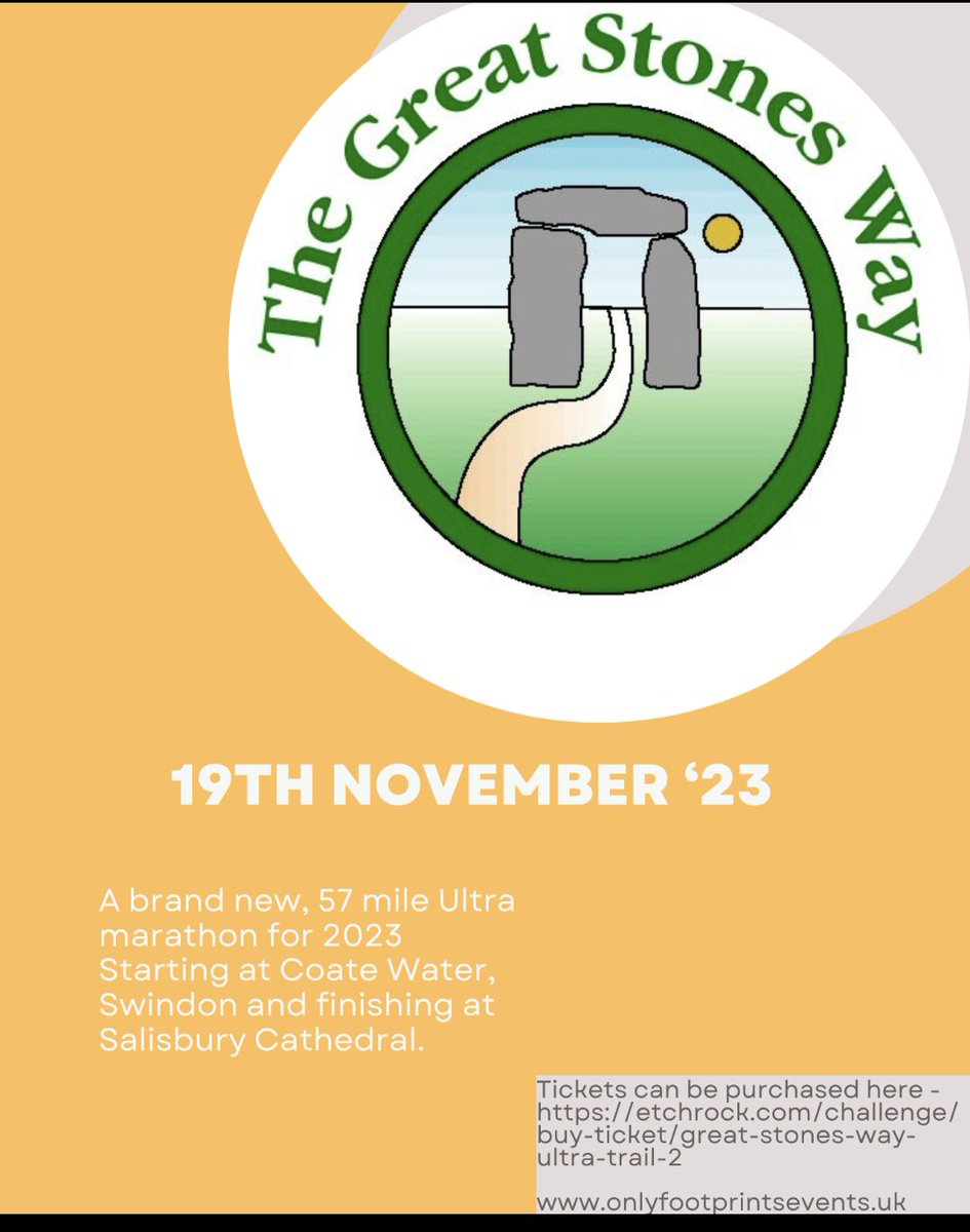 Onlyfevents's tweet photo. The brand new Great Stones Way Ultra Trail, Is due to take place on the 19th Nov '23.
57 miles (ish) of beautiful Wiltshire trails. Taking you along the Ridgeway to Avebury, Stonehenge, Old Sarum and finishing at Salisbury Cathedral.
https://t.co/aG1EJ6JG6v #ukrunchat https://t.co/tPc6pvCWXG