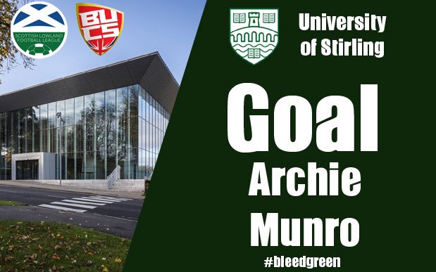 Yaaaaaasssss goal Univ of Stirling 🥅 

Maciver- Redwood feeds McKinley, low cross comes to Munro who collects and scores 

Univ of Stirling 1-0 Blackburn Utd 
⏱ 4 mins 
#Bleed-Green #MonTheUni 💚🖤💚