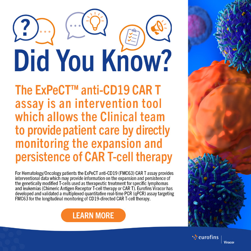 eurofinsviracor's tweet photo. Did You Know?  💬 💡 📋 📣
The ExPeCT™ anti-CD19 CAR T assay is an intervention tool that directly monitors the expansion and persistence of CAR T-Cell therapy.

LEARN MORE 👇

#CARTcell #bmtsm #Immunotherapy #CellTherapy