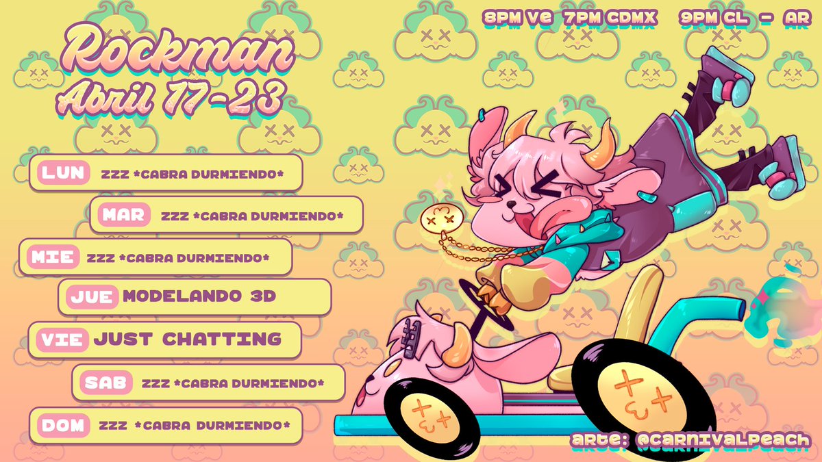 Rockman_3D's tweet photo. ⚡Calendario Semanal ⚡

Jueves:   MODELANDO 3D
 Viernes:  Just Chatting

Depende de que tanto avancemos el jueves, el viernes sigo modelando (?

Hora: 8PM🇻🇪 7PM🇲🇽 9PM🇨🇱 🇦🇷 
⚡https://t.co/tYMQ6UHUn1 

#Rockyart #RockmanVT #Vtuber #VtuberES #VtubersUprising https://t.co/LyDEbikapN