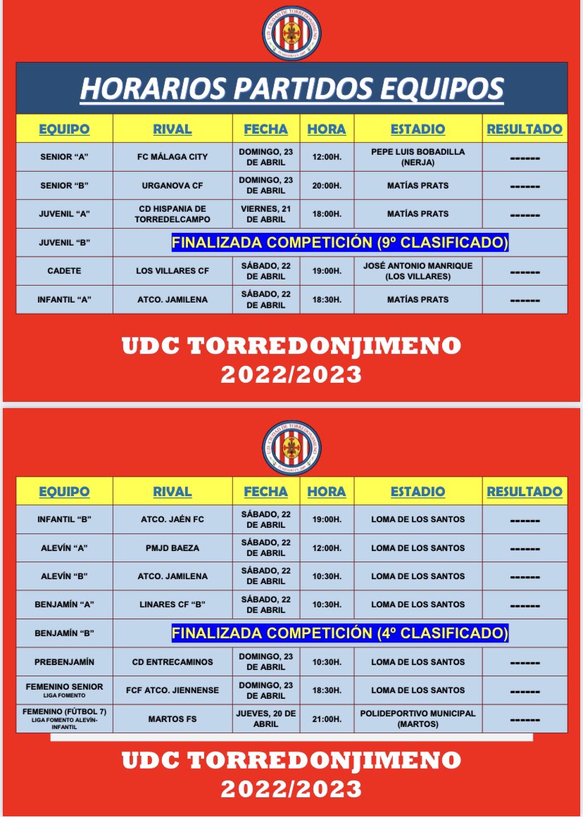 UDCTOFICIAL's tweet photo. ⚽️|TEMPORADA 22/23|⚽️
RESULTADOS DE LOS PARTIDOS QUE HAN DISPUTADO NUESTROS EQUIPOS EN LA PASADA JORNADA Y HORARIOS DE LA PRÓXIMA.
#UDCT22/23
🟥⬜️🟥⬜️ https://t.co/tRrPpDOJFb