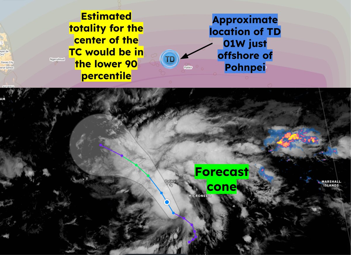 VortixWx's tweet image. For what it&apos;s worth, #01W will be in the path of a very rare hybrid solar eclipse as it will be positioned just west of #Pohnpei in #Micronesia. The last time a solar eclipse was on a tropical cyclone was Typhoon Phanfone &apos;19 (Ursula) where it was in the 70% percentile #tropicswx