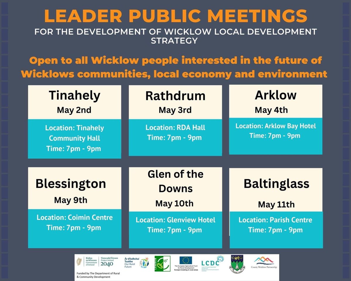 wicklowpship's tweet photo. CWP is coming to you! We are holding a series of public meetings around Wicklow to hear the views of people on what should be prioritised in the next LEADER programme. Please come along and share with anyone interested! #leaderprogramme #ruraldevelopment #wicklow @campbellsuz https://t.co/IzDNwaNeC5