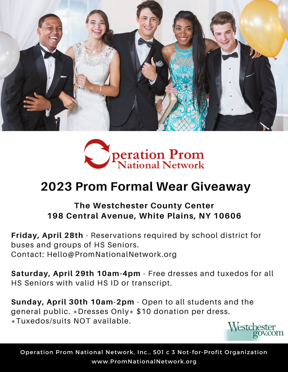 westchestergov's tweet photo. Operation Prom Dress and Tuxedo Giveaway Returns to Westchester County Center

Read more here: https://t.co/aStwpCigFM

@PromNationalNet https://t.co/rKYocpO9Jd