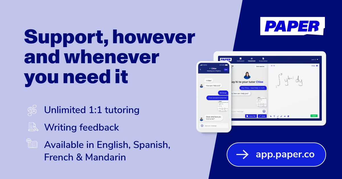 Have you tried Paper tutoring? CCSD students have FREE access to online tutoring with their Clever account through Paper! As part of #ESSERIII funding, students may receive on-demand tutoring and academic support tutoring services 24/7 at paper.co.