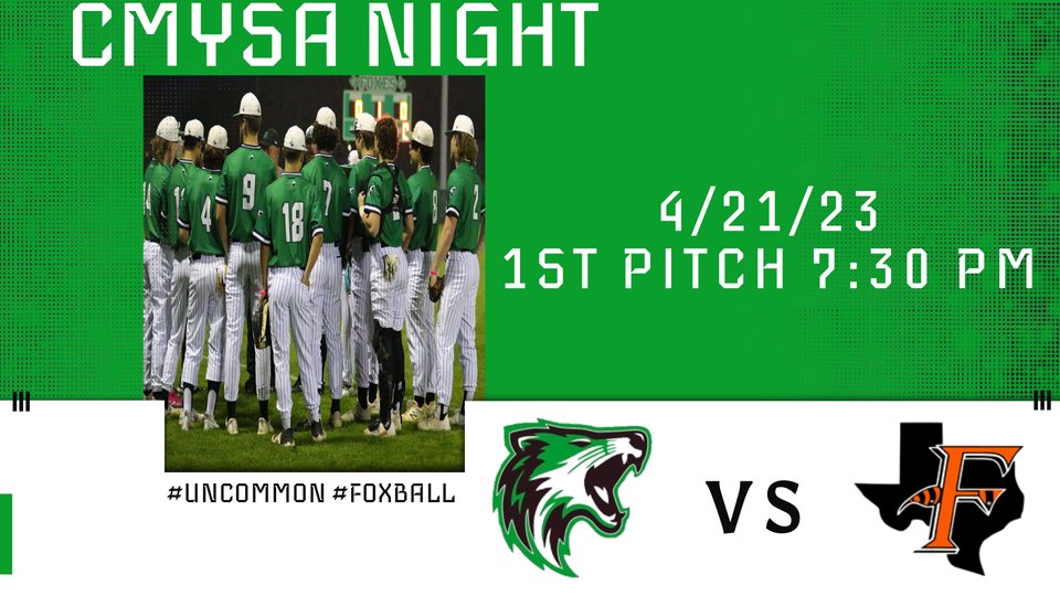cmfoxbaseball's tweet photo. Come out to CMYSA Night Friday as the Foxes make a push for the Playoffs!!!
#UNCOMMON #FOXBALL
@luke__allison @KodiCrane @FoxUnleash @CaddoClub @CaddoMillsHS @CaddoMillsISD @ChadKinney6 @Brent_Baxter16 @coachsand_oval @Msweeney_28 https://t.co/ERHbBzbM9T