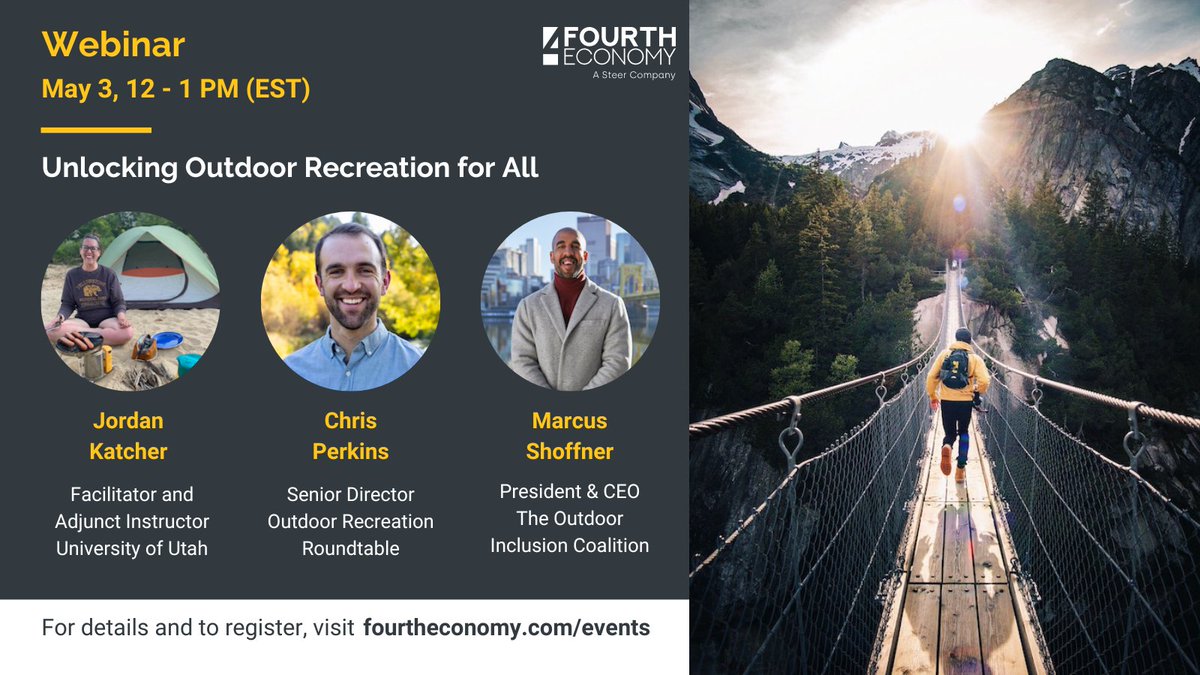 Interested in learning about equity, access, workforce development, and environmental considerations facing today’s leaders of outdoor recreation economies? Join Fourth Economy for a virtual expert panel on Wednesday, May 3, 12-1 pm ET. Register here: bit.ly/3U6Fe2u