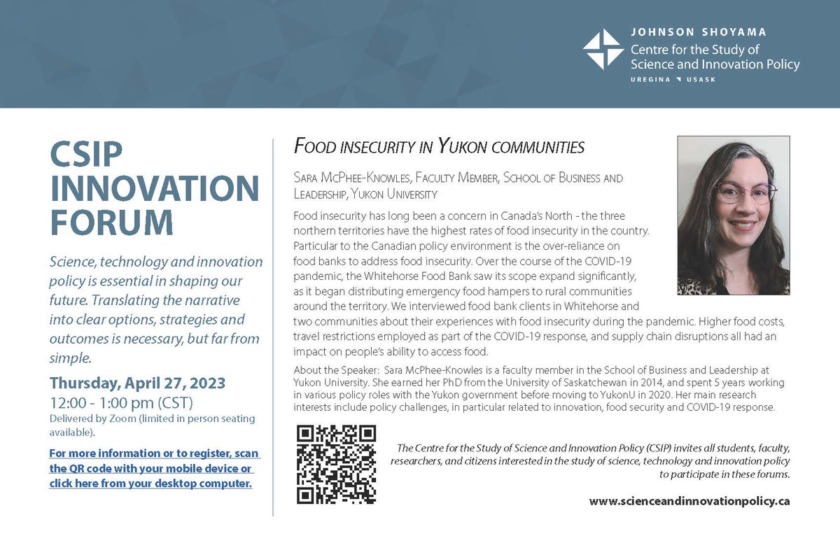 JSGSPP's tweet photo. Thurs, April 27th @ 12pm CST: Join us as we unpack “Food Insecurity in Yukon Communities”. Presented by Dr. Sara McPhee-Knowles. Register here: https://t.co/AtVaqJy1XJ
@usask @UofRegina @YukonUniversity #CSIPForum https://t.co/vr949fTUMR