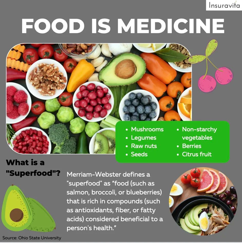 Insuravita's tweet photo. When we eat a well-balanced diet full of nutrient-rich foods, food can be as powerful as medicine! Check out these superfoods and add them into your life. This could save thousands of dollars on prescription drugs and procedures and help you live longer! #themoreyouknow https://t.co/J5vdDTFQt6