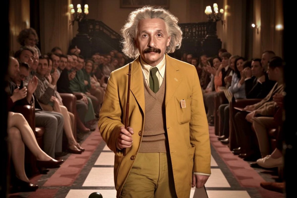 MSNKarthik's tweet photo. Einstein wows Paris with a dress made of equations, showcasing his brilliance in physics and fashion. He ends the show with a pun, proving even geniuses have humor.

#chatgpt #midjourney #generativeai #AlbertEinstein #ParisFashionWeek @adwhyta https://t.co/k3hdqd1z6K