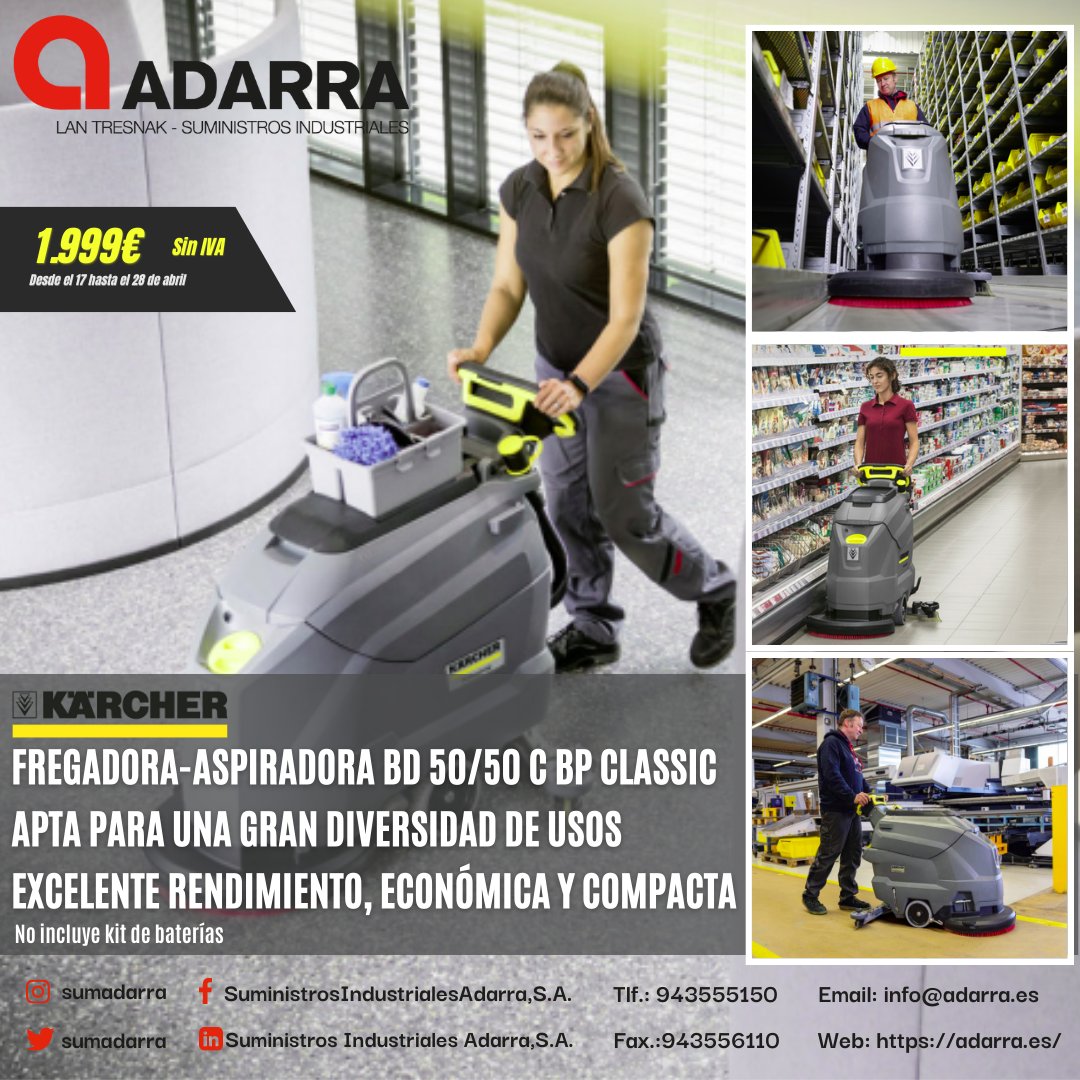 adrtaldea's tweet photo. Eskaintza berezia KARCHER BD 50/50 C BP GARBIGAI-XURGAGAILU KLASIKOAN apirilaren 28ra arte. Ez galdu aukera!

Oferta especial en FREGADORA-ASPIRADORA BD 50/50 C BP CLASSIC de KARCHER hasta el 28 de abril. ¡No te lo pierdas!

#adarra #suministrosadarra #karcher #oferta #eskaintza https://t.co/IBUq7rNo21