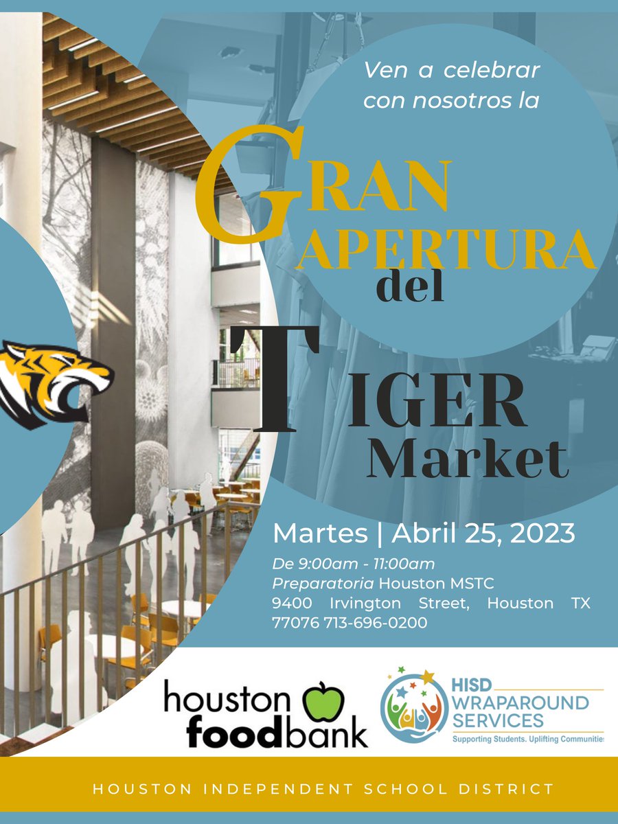 Sam Houston MSTC (@shmstc) on Twitter photo 🚨Attention <a href="/SHMSTC/">Sam Houston MSTC</a> Community!🐯 Don't forget, our highly-anticipated tiger marketplace is set to open in less than a week! 🎉Join us for an unforgettable experience as we celebrate the grand opening of our new marketplace!🐾#TigerMarketplace #GrandOpening🐅<a href="/HISD_Wraparound/">HISD_Wraparound</a> 🚨Attention <a href="/SHMSTC/">Sam Houston MSTC</a> Community!🐯 Don't forget, our highly-anticipated tiger marketplace is set to open in less than a week! 🎉Join us for an unforgettable experience as we celebrate the grand opening of our new marketplace!🐾#TigerMarketplace #GrandOpening🐅<a href="/HISD_Wraparound/">HISD_Wraparound</a>