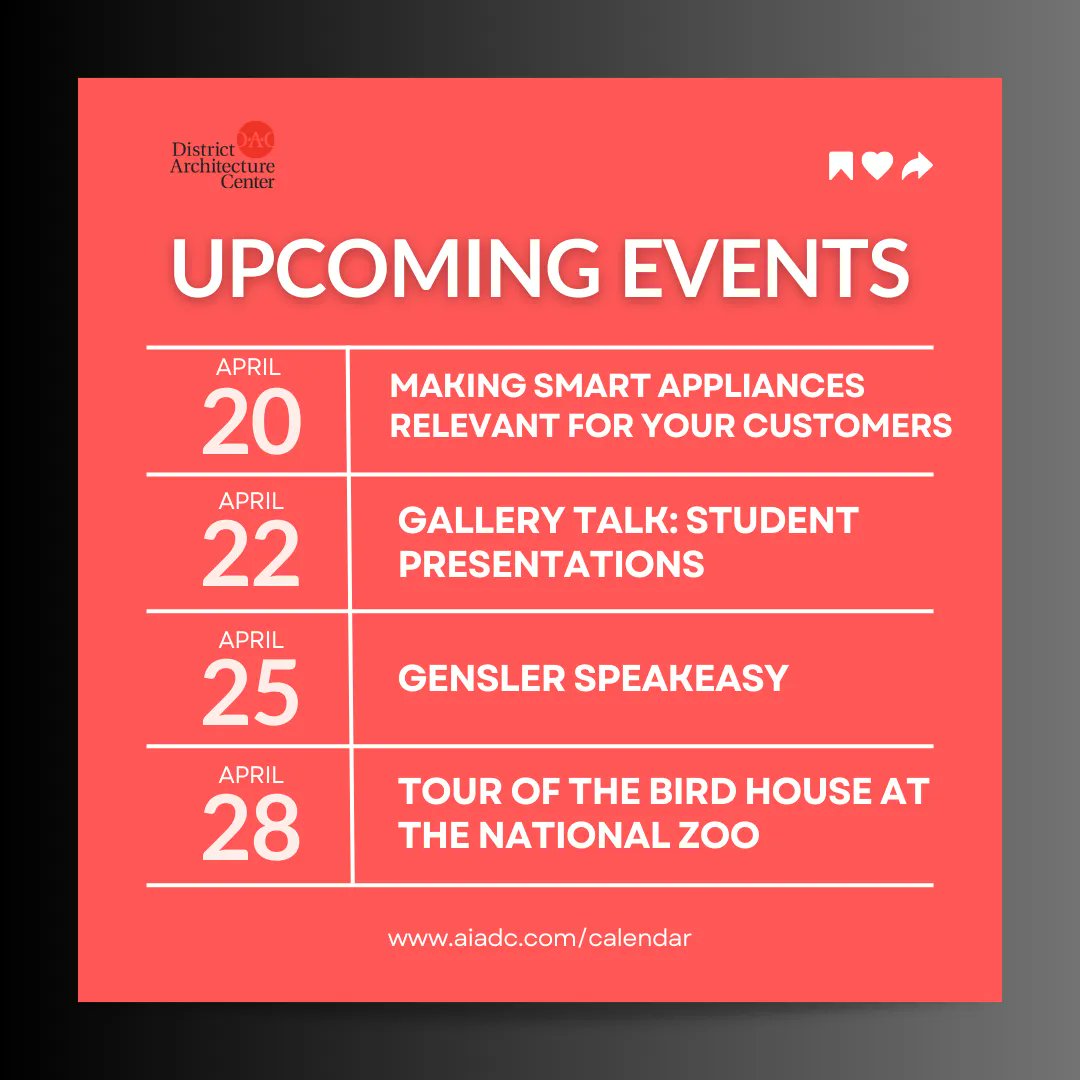 Don't miss out, join us to round out April with these exciting events including student presentations from <a href="/CUArch/">Catholic University School of Architecture</a> students, a tour of the new <a href="/NationalZoo/">National Zoo</a> Bird House, and more!

Register and learn more at aiadc.com/calendar