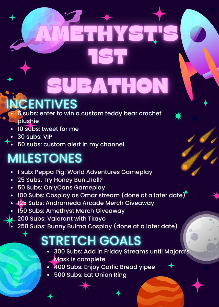 Tomorrow is my first ever subathon to celebrate yet another anniversary on Twitch! I'm so nervous?! But okay woohoo here are the incentives and milestones! 💜✨