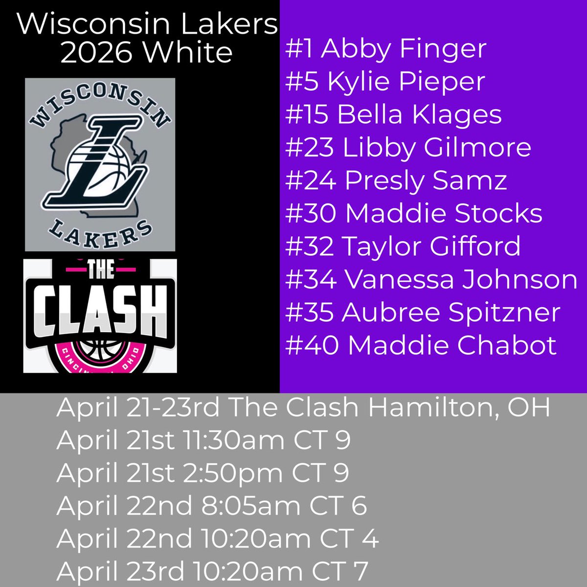 Wisconsin Lakers (@wisconsinlakers) on Twitter photo 2026 White The Clash Schedule April 21-23rd. <a href="/Abby_Finger/">Abby Finger</a> <a href="/kylie_pieper/">Kylie Pieper</a> <a href="/BellaKlages/">BellaKlages</a> <a href="/libbygilmore33/">Libby Gilmore</a> <a href="/PreslySamz/">Presly Samz</a> <a href="/MStocks30/">Maddie Stocks</a> <a href="/Taylorgifford25/">Taylor Gifford</a> @vjohnson34 <a href="/aubreespitzner/">Aubree Spitzner</a> <a href="/Maddiechabot26/">Maddie chabot</a> 2026 White The Clash Schedule April 21-23rd. <a href="/Abby_Finger/">Abby Finger</a> <a href="/kylie_pieper/">Kylie Pieper</a> <a href="/BellaKlages/">BellaKlages</a> <a href="/libbygilmore33/">Libby Gilmore</a> <a href="/PreslySamz/">Presly Samz</a> <a href="/MStocks30/">Maddie Stocks</a> <a href="/Taylorgifford25/">Taylor Gifford</a> @vjohnson34 <a href="/aubreespitzner/">Aubree Spitzner</a> <a href="/Maddiechabot26/">Maddie chabot</a>