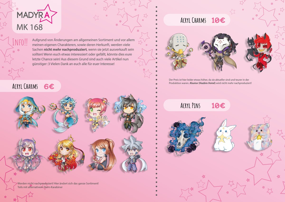 MadyraArts's tweet photo. Endlich fertig! Mein aktueller Merch-Katalog ❤️   Zu Beginn des Katalogs gibt es eine kleine Info bezüglich meines Merchs. Zusätzlich findet ihr kleine Hinweise an den Produkten selbst. Sollte die Anzeige zu klein sein, öffnet das Bild im Browser☺️ Ich freue mich auf euch! #mcc23 https://t.co/hiifR5aPDp